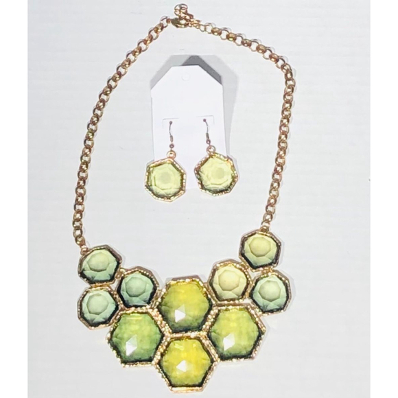 Custom Made Honeycomb Necklace and Earring Set Green Gold - Picture 1 of 5